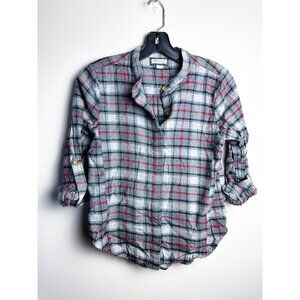 Ethereal Split Open Back Flannel Plaid Button Down Womens Gray Small